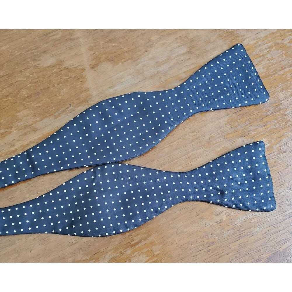 Bow Tie Navy Blue Beige Polka Dot Self Tying All Silk Adjustable Preppy Academia
